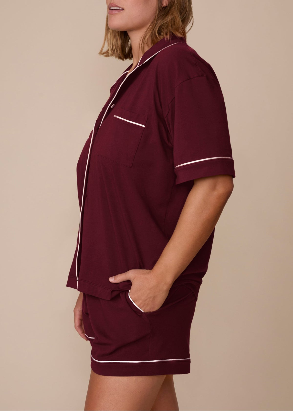 Harper Wilde - Perfect Pima Short Sleeve Button Up (Piping) - Bordeaux -