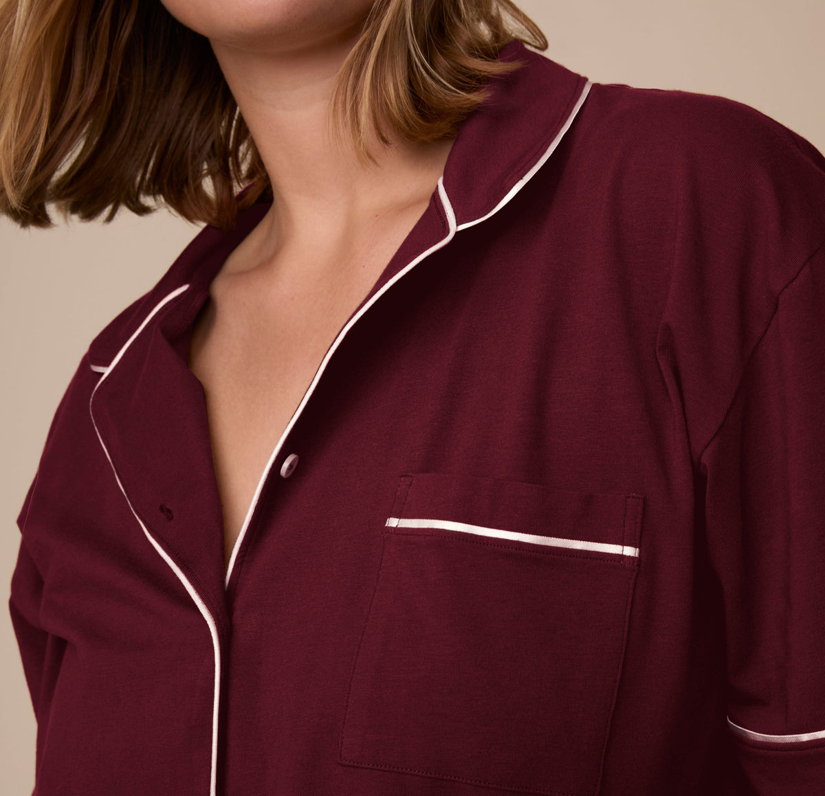 Harper Wilde - Perfect Pima Short Sleeve Button Up (Piping) - Bordeaux -