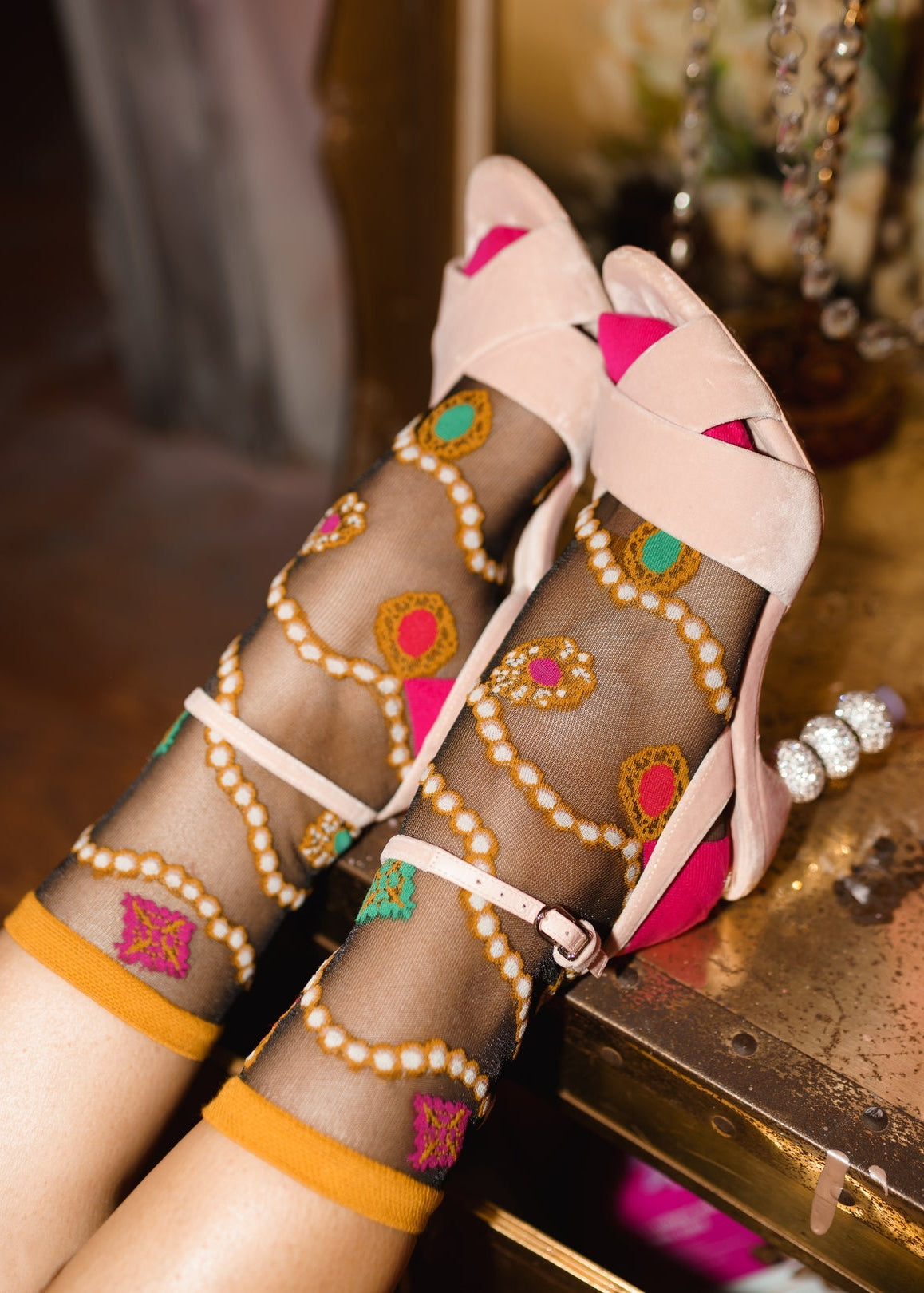 Sock Candy - Pearls & Jewels Black Sheer Ankle Sock -