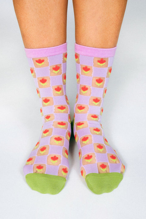Tailored Union - Checkered Tulips Sheer Ankle Sock -