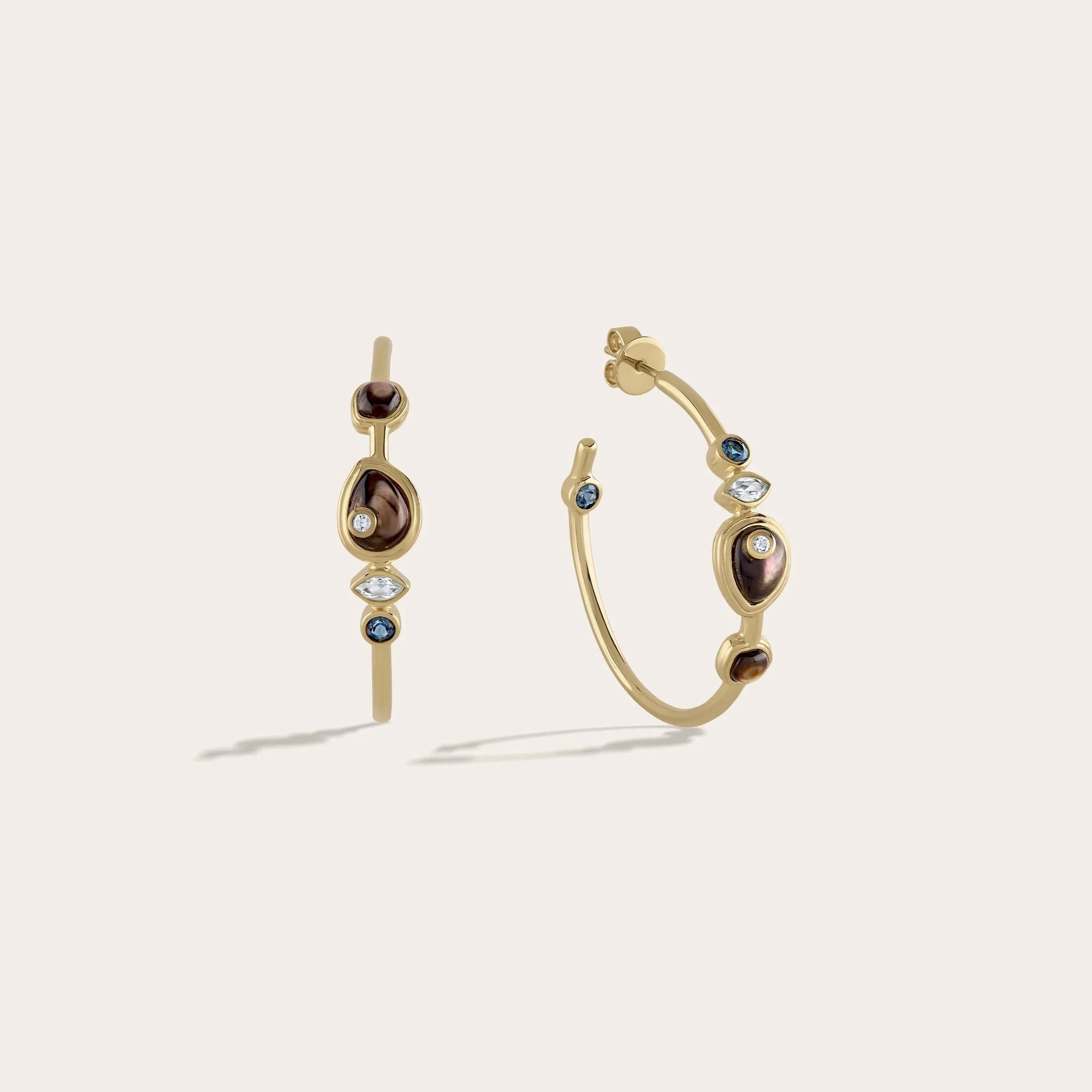 Awe Inspired - Organic Pearl Gemstone Hoops - 14K Yellow Gold Vermeil Black Mother of Pearl