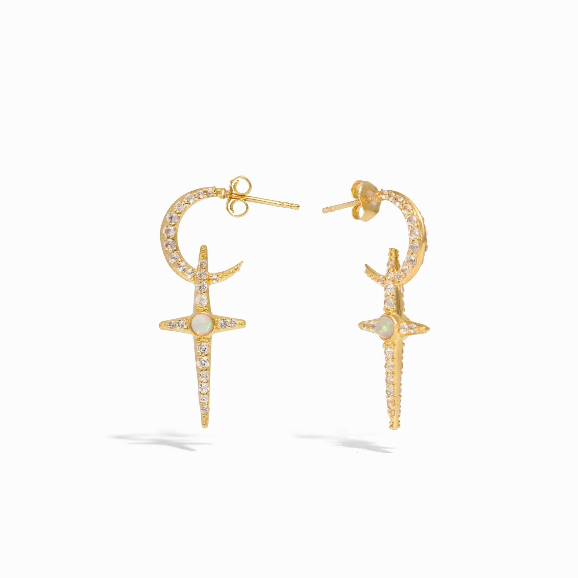Awe Inspired - Opal Crescent Cross Hoops - 14K Yellow Gold Vermeil Ethiopian Opal White Topaz