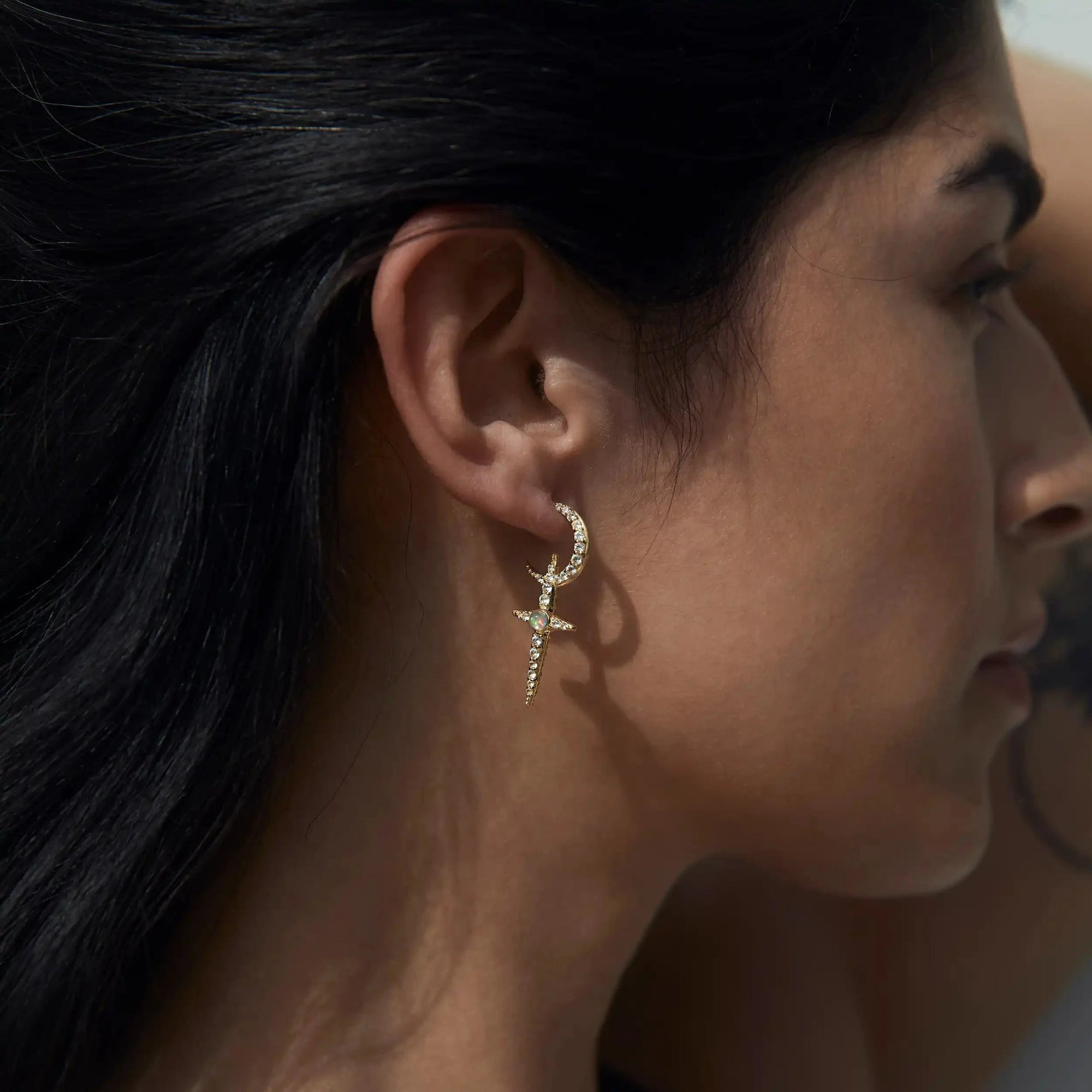 Awe Inspired - Opal Crescent Cross Hoops -