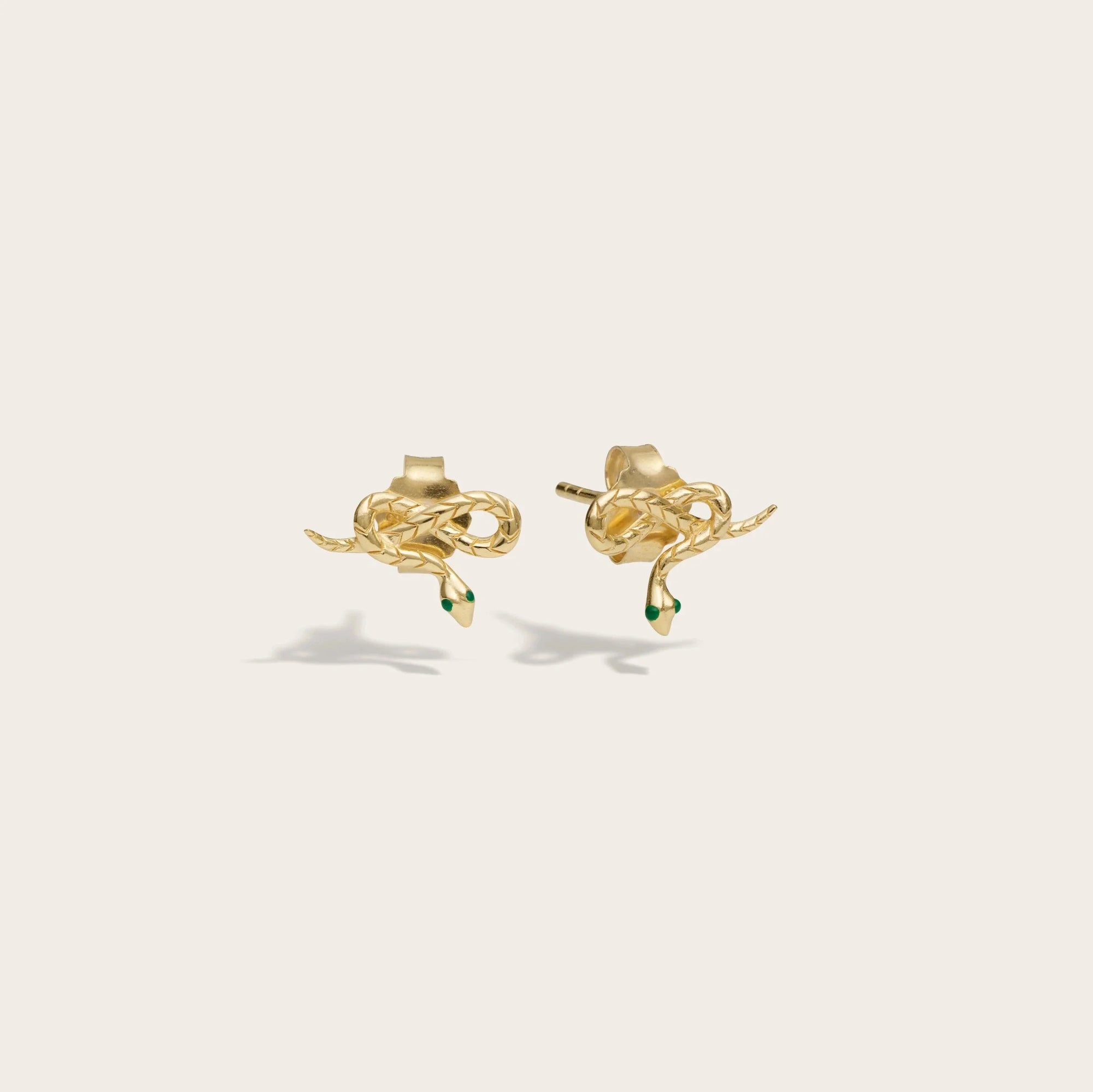 Awe Inspired - Emerald Eye Snake Studs - 14K Yellow Gold Vermeil Pair