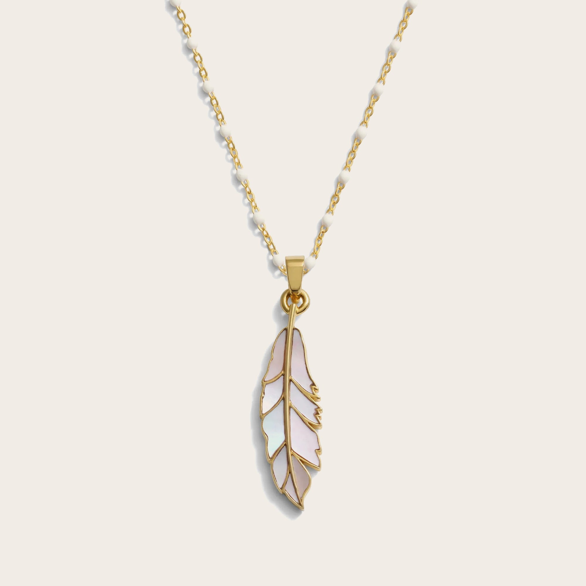 Awe Inspired - Mother of Pearl Feather White Enamel Necklace - 14K Yellow Gold Vermeil