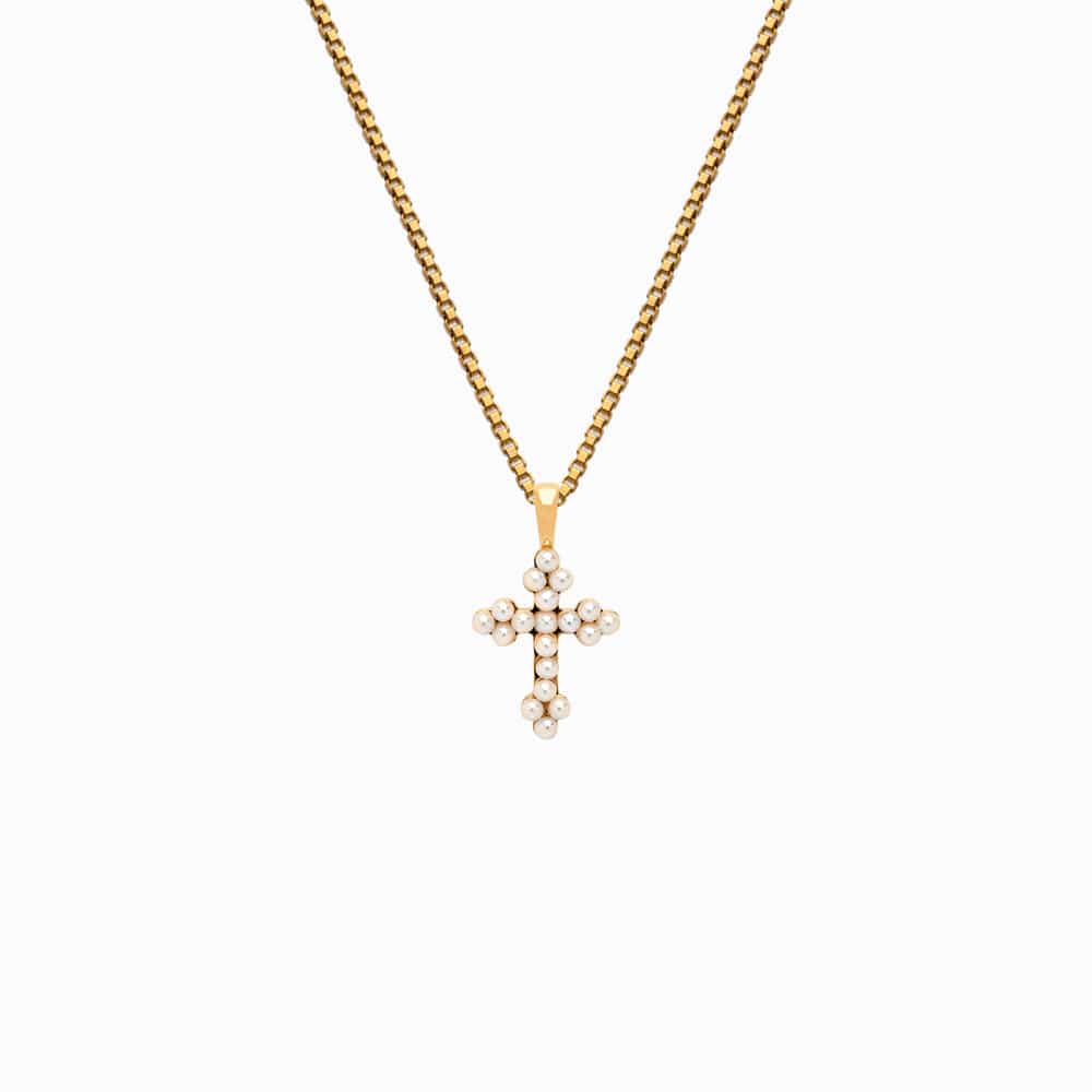 Awe Inspired - Pearl Cross Necklace - 14K Yellow Gold Vermeil