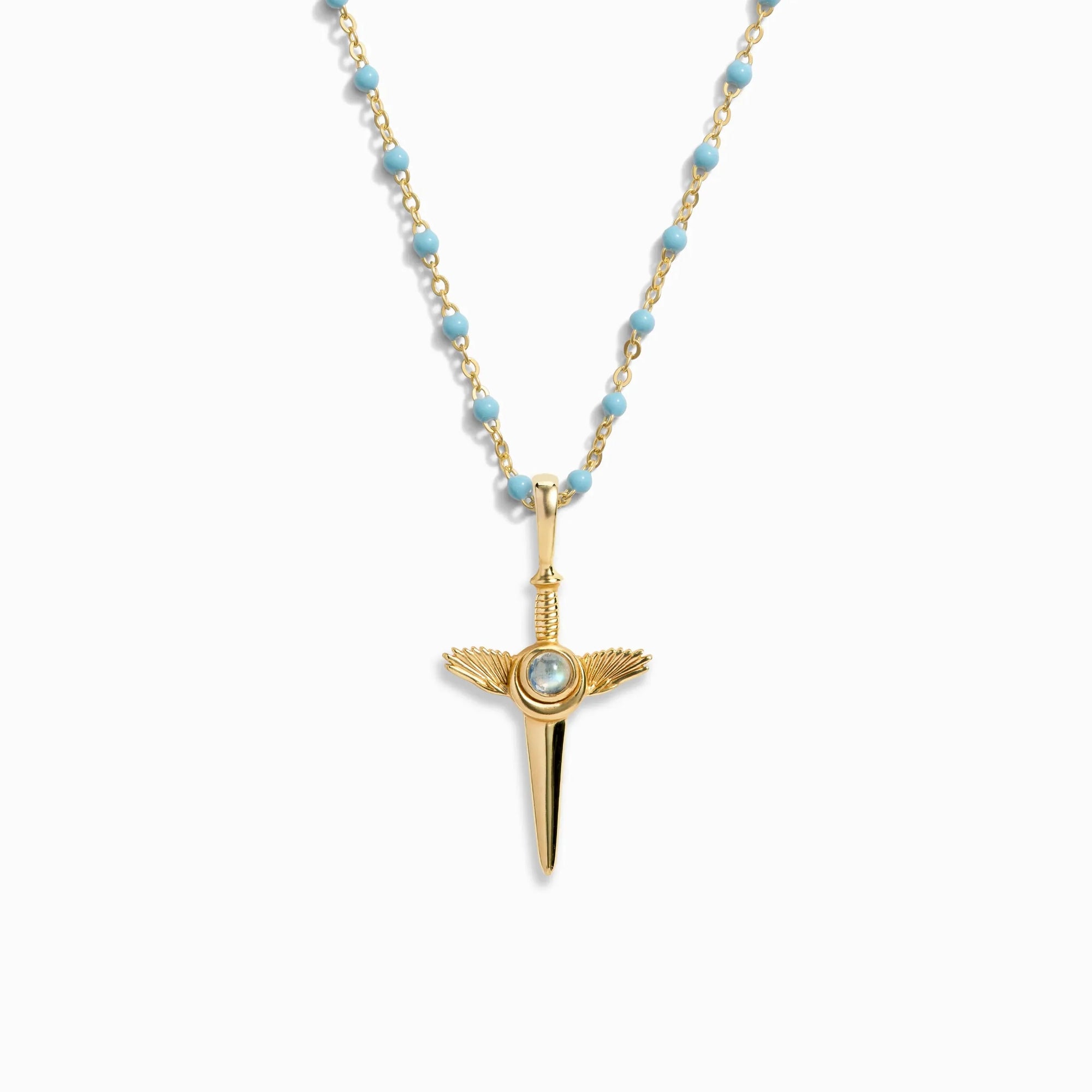 Awe Inspired - Flying Dagger Turquoise Enamel Necklace - 14K Yellow Gold Vermeil