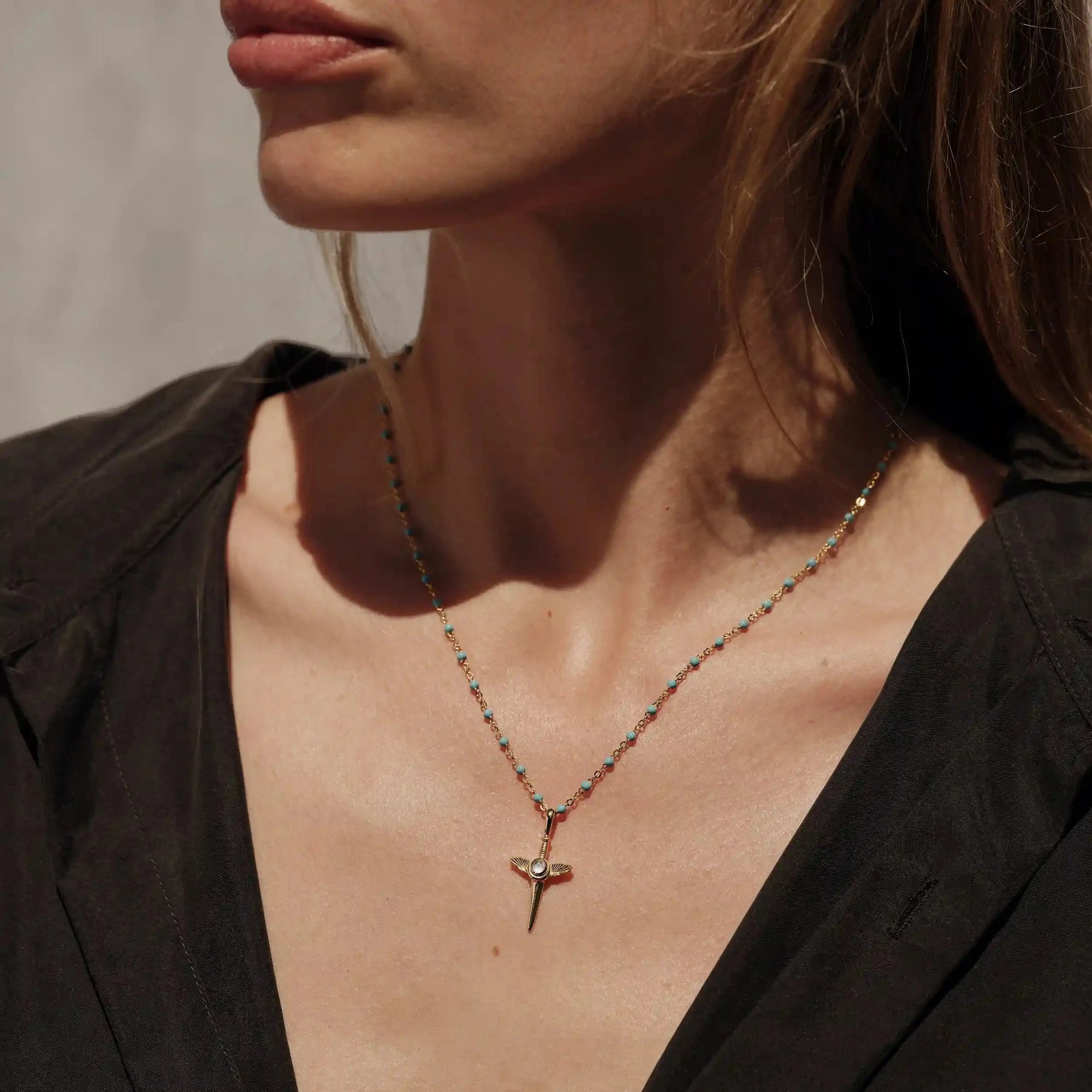Awe Inspired - Flying Dagger Turquoise Enamel Necklace -