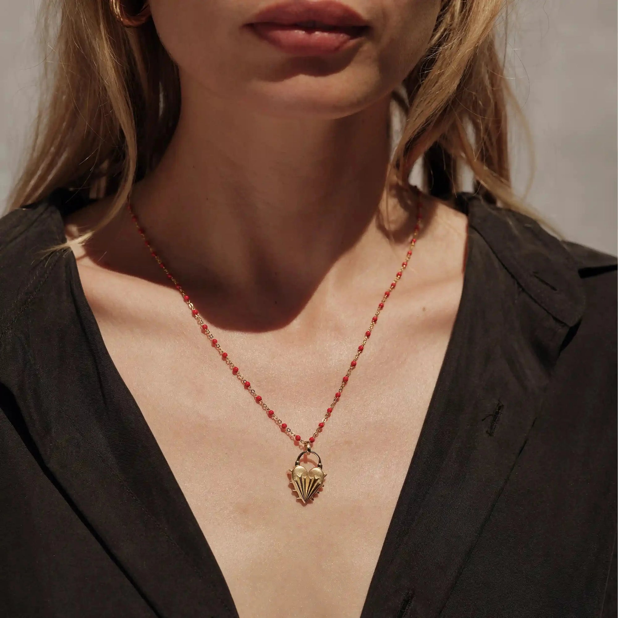 Awe Inspired - Spiked Heart Ruby Enamel Necklace -