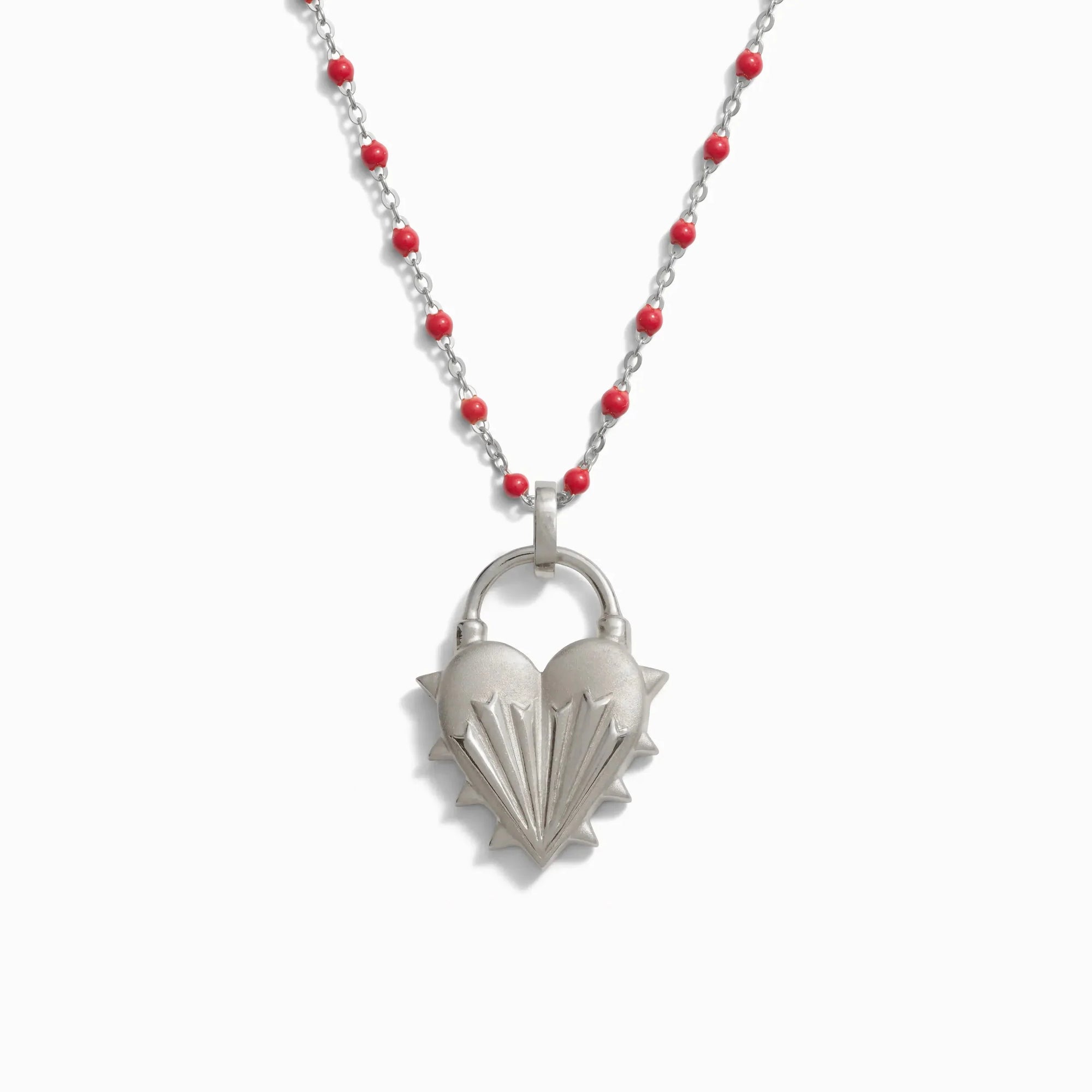Awe Inspired - Spiked Heart Ruby Enamel Necklace - 925 Sterling Silver 18"-22"
