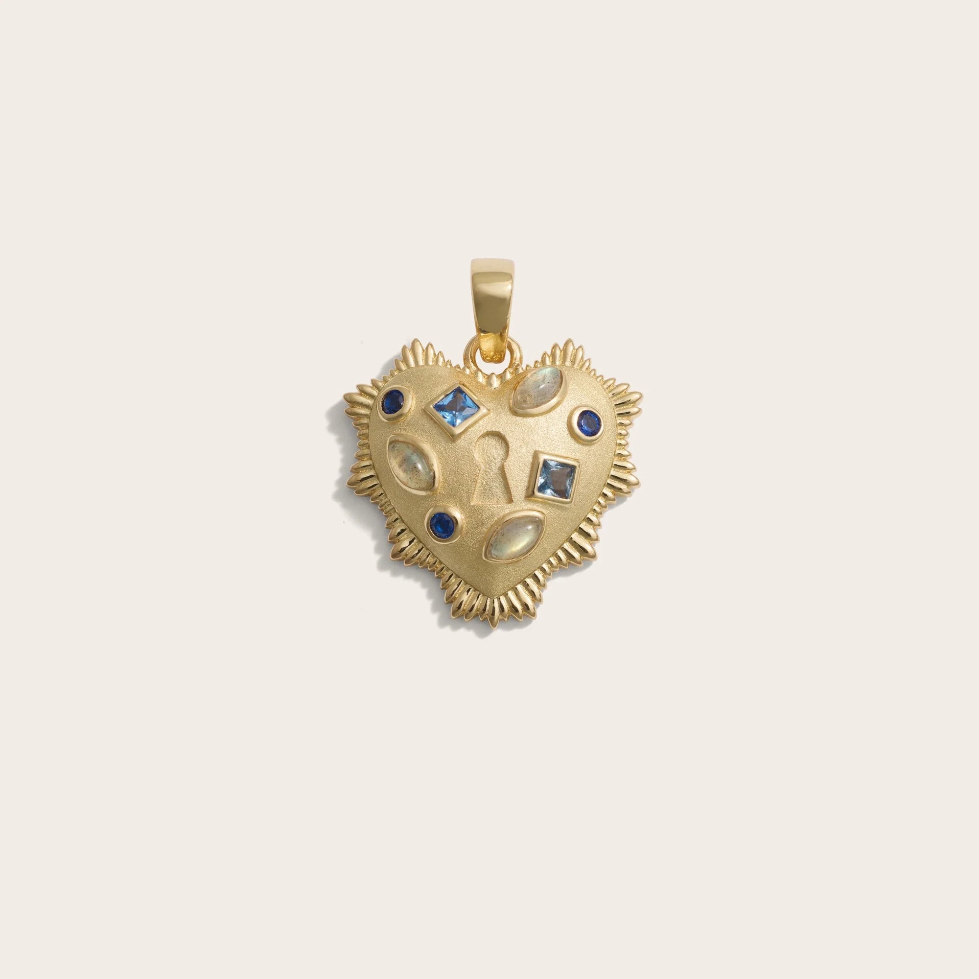 Awe Inspired - Blue Gemstone Locked Radiant Heart Pendant - 14K Yellow Gold Vermeil