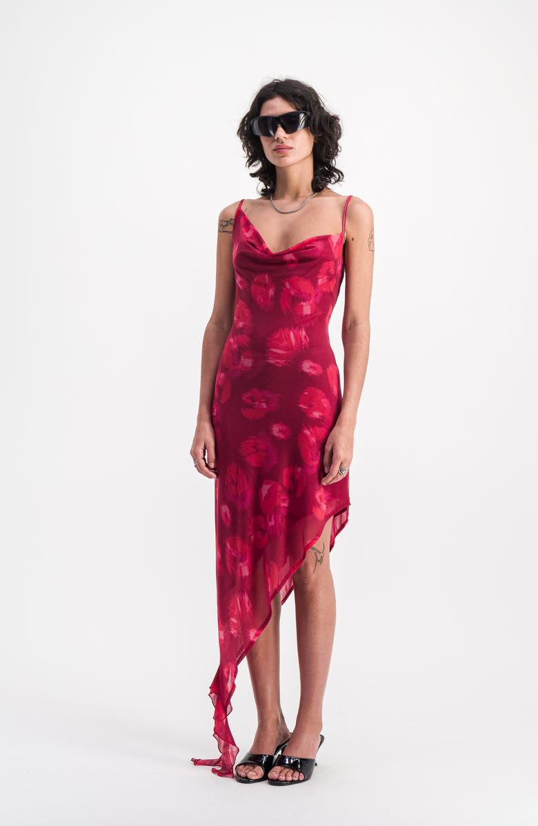 SAEMDI Women's Waterfall Mesh Dress - Red SAEMDI Women's Waterfall Mesh Dress - Red