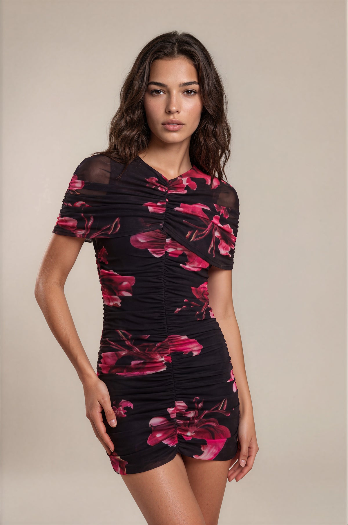 Saemdi - Sila Floral Mesh Cape Dress -