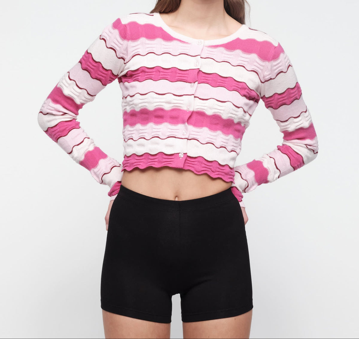 Organic Basics - Soft Knit Textured Cardigan - Raspberry Stripe -