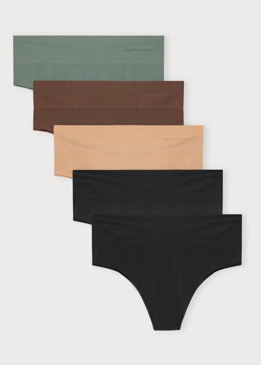 Organic Basics - Smooth Thong 5 Pack - Seaweed / Walnut / Hazelnut / Black / Black -