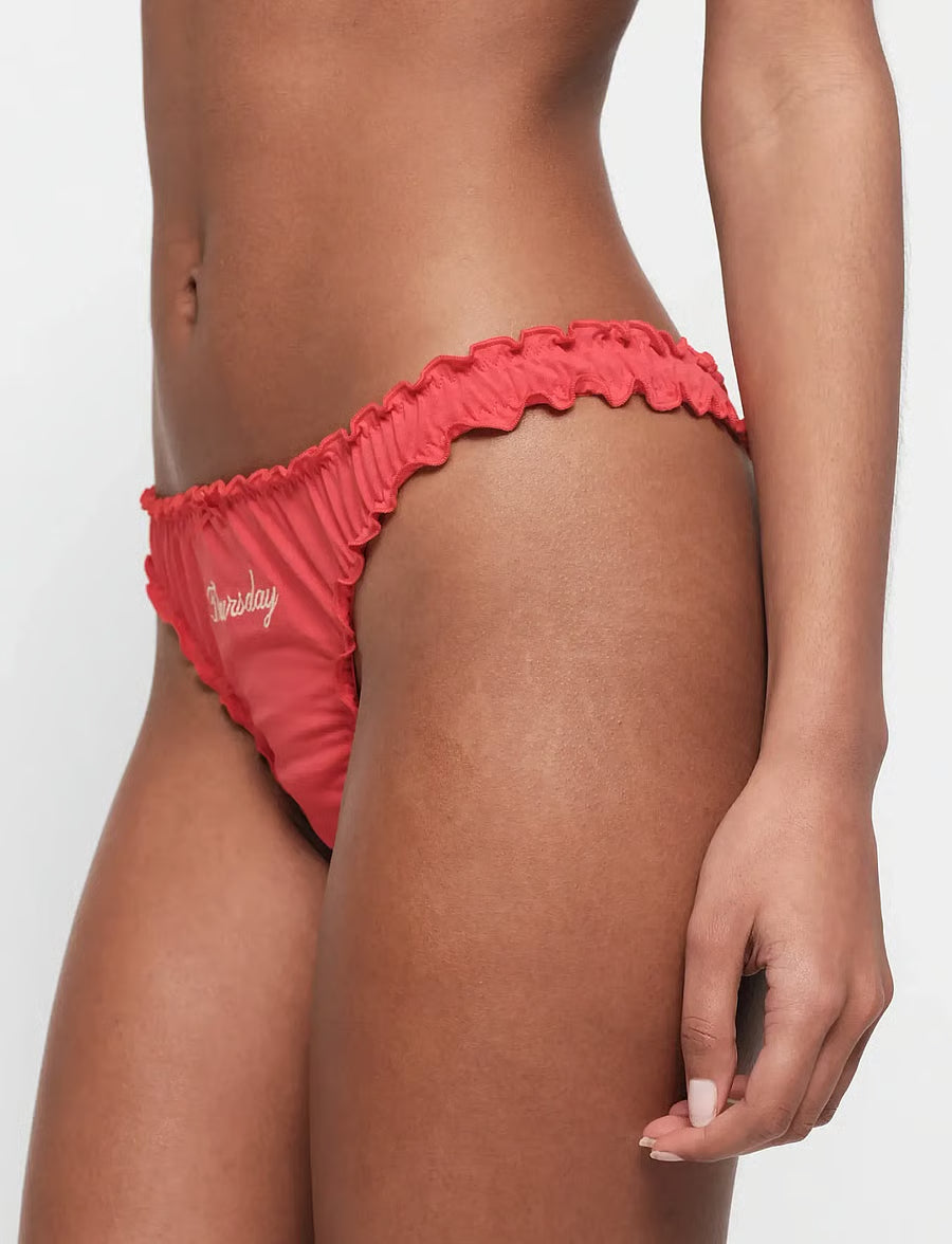 Organic Basics - Core Ruffled Thong Week-Pack - Seafoam / Fairy Pink / Dragon Red / Soft Vanilla / Black -